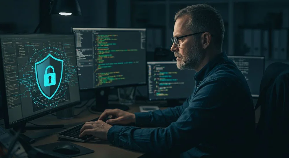 A security professional monitoring code and a shield icon on computer screens